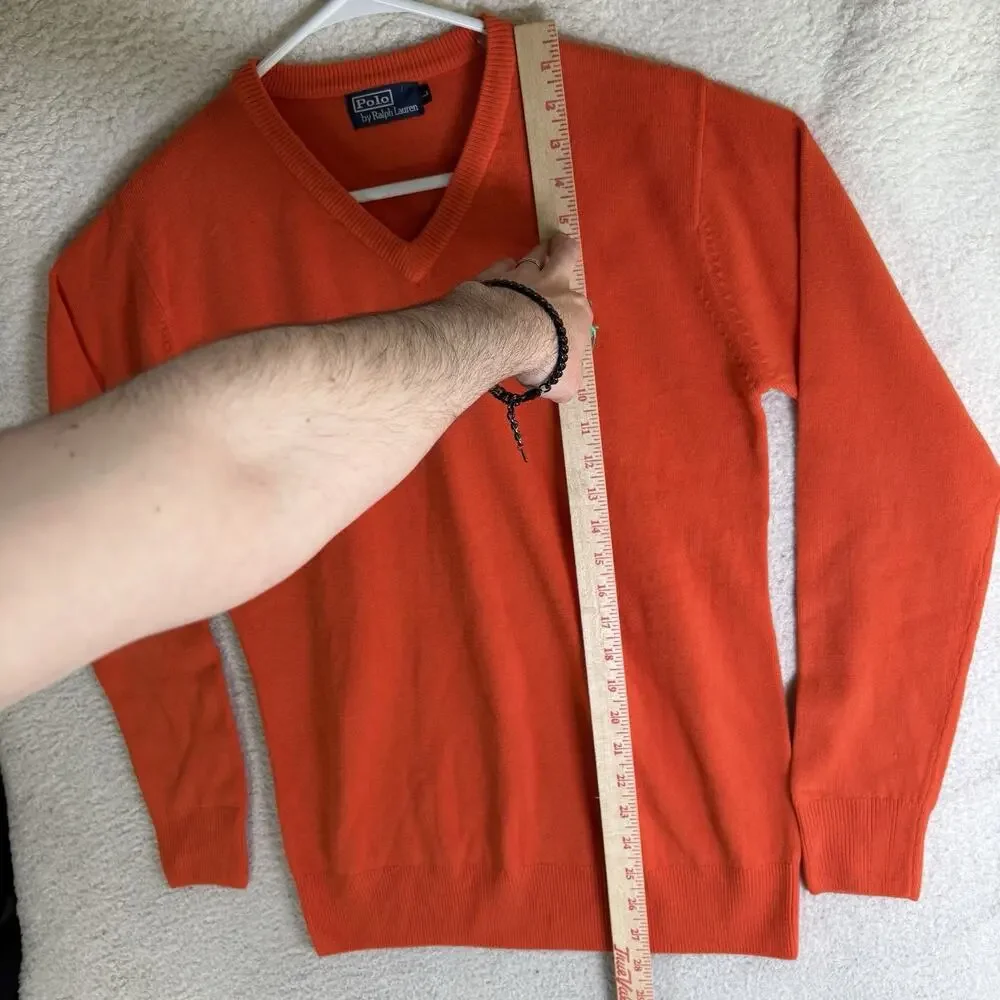Vintage Polo Ralph Lauren Pullover Sweater Mens Large Orange V Neck Wool